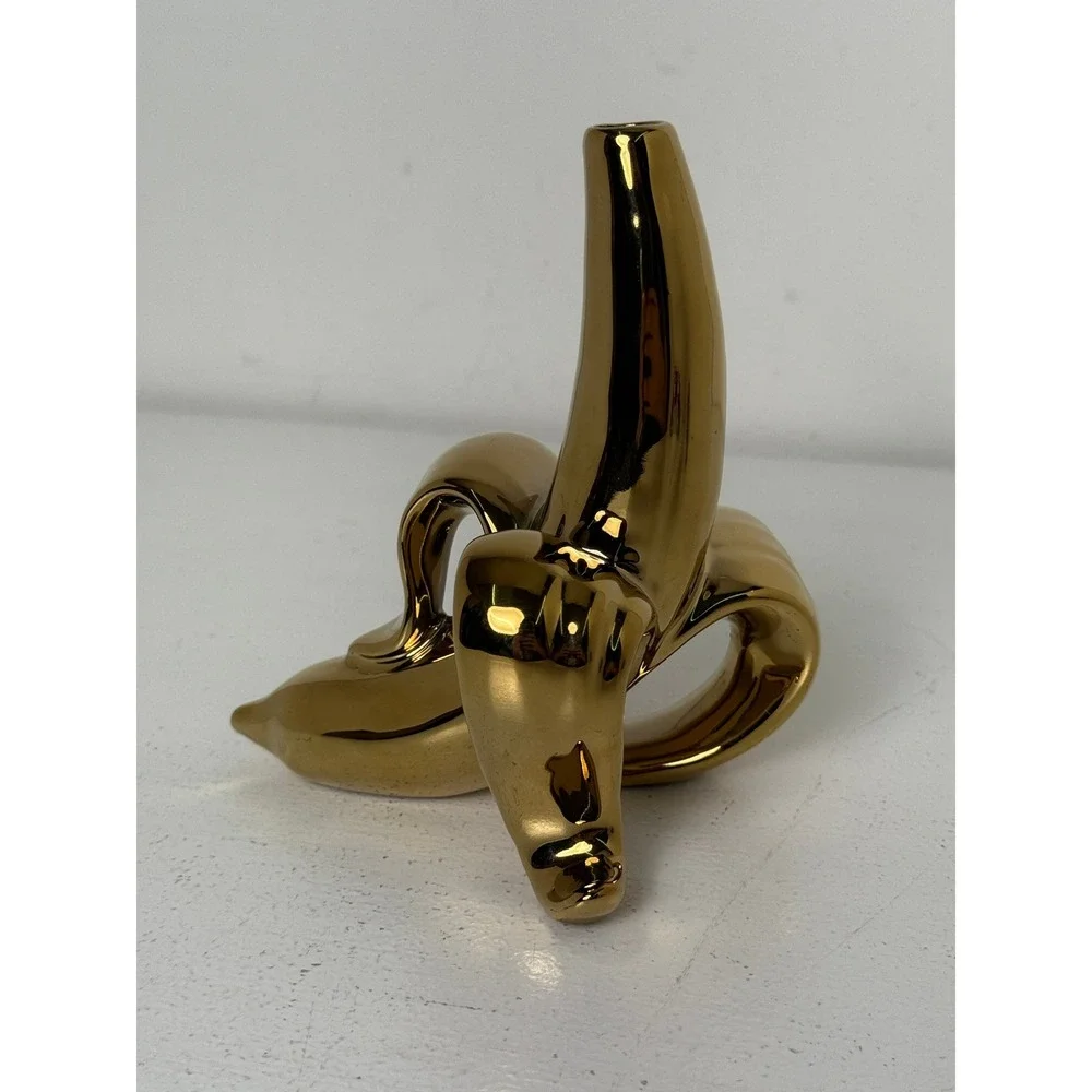 Gold Chrome Peeled Banana Ceramic Bud Vase Pop Art Sculptural Home Decor